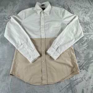 J Crew Button Up Shirt Mens Medium White Beige Colorblock Elevated Basics Preppy